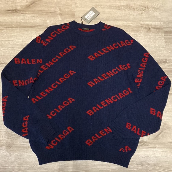 Balenciaga Allover Logo Sweater - Blue/Red - Large - Picture 1 of 8